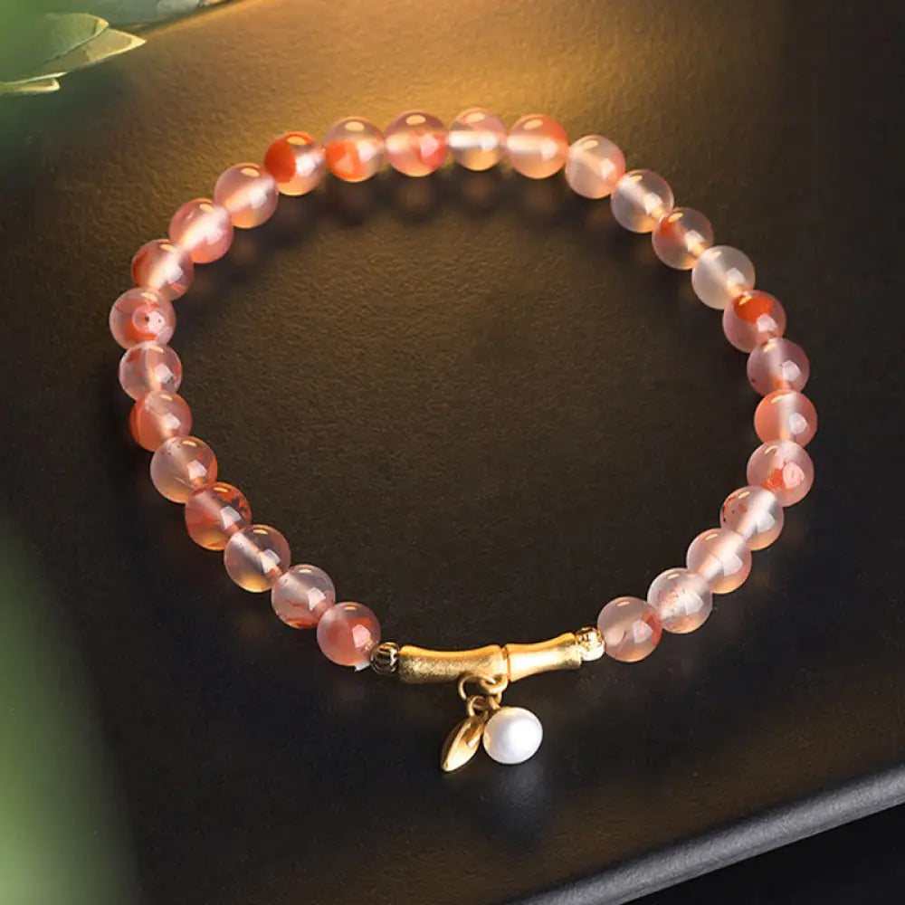 Buddha Stones South Red Agate Aquamarine Pearl Hetian Jade Bamboo Flower Fortune Bracelet - BWOOOH - South Red Agate