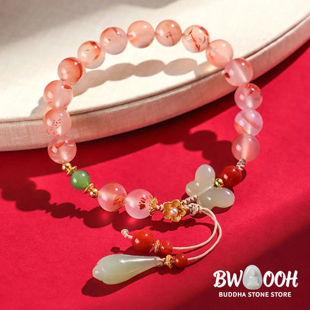 Buddha Stones South Red Agate Butterfly Orchid Hetian Jade Luck Bracelet - BWOOOH - Bracelet
