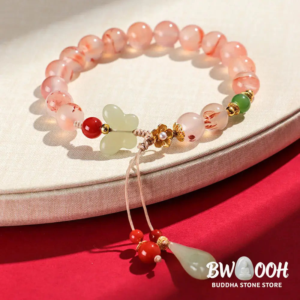 Buddha Stones South Red Agate Butterfly Orchid Hetian Jade Luck Bracelet - BWOOOH - Bracelet