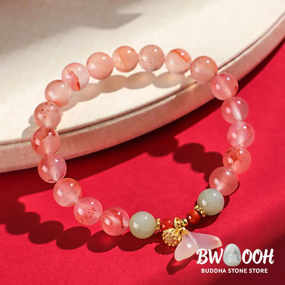 Buddha Stones South Red Agate Butterfly Orchid Hetian Jade Luck Bracelet - BWOOOH - Bracelet