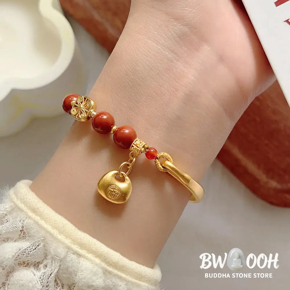 Buddha Stones South Red Agate Fu Character Ingot Half Bracelet - BWOOOH - South Red Agate (Wrist Circumference: