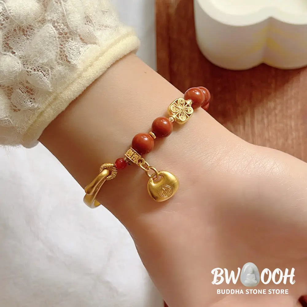Buddha Stones South Red Agate Fu Character Ingot Half Bracelet - BWOOOH - South Red Agate (Wrist Circumference: