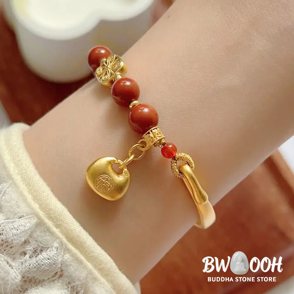 Buddha Stones South Red Agate Fu Character Ingot Half Bracelet - BWOOOH - South Red Agate (Wrist Circumference: