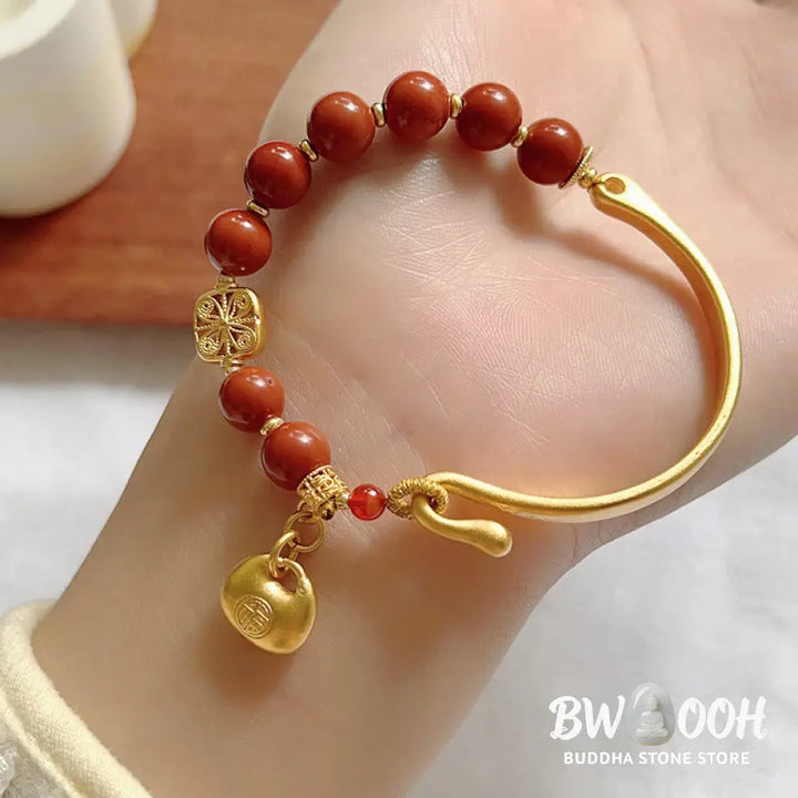 Buddha Stones South Red Agate Fu Character Ingot Half Bracelet - BWOOOH - South Red Agate (Wrist Circumference:
