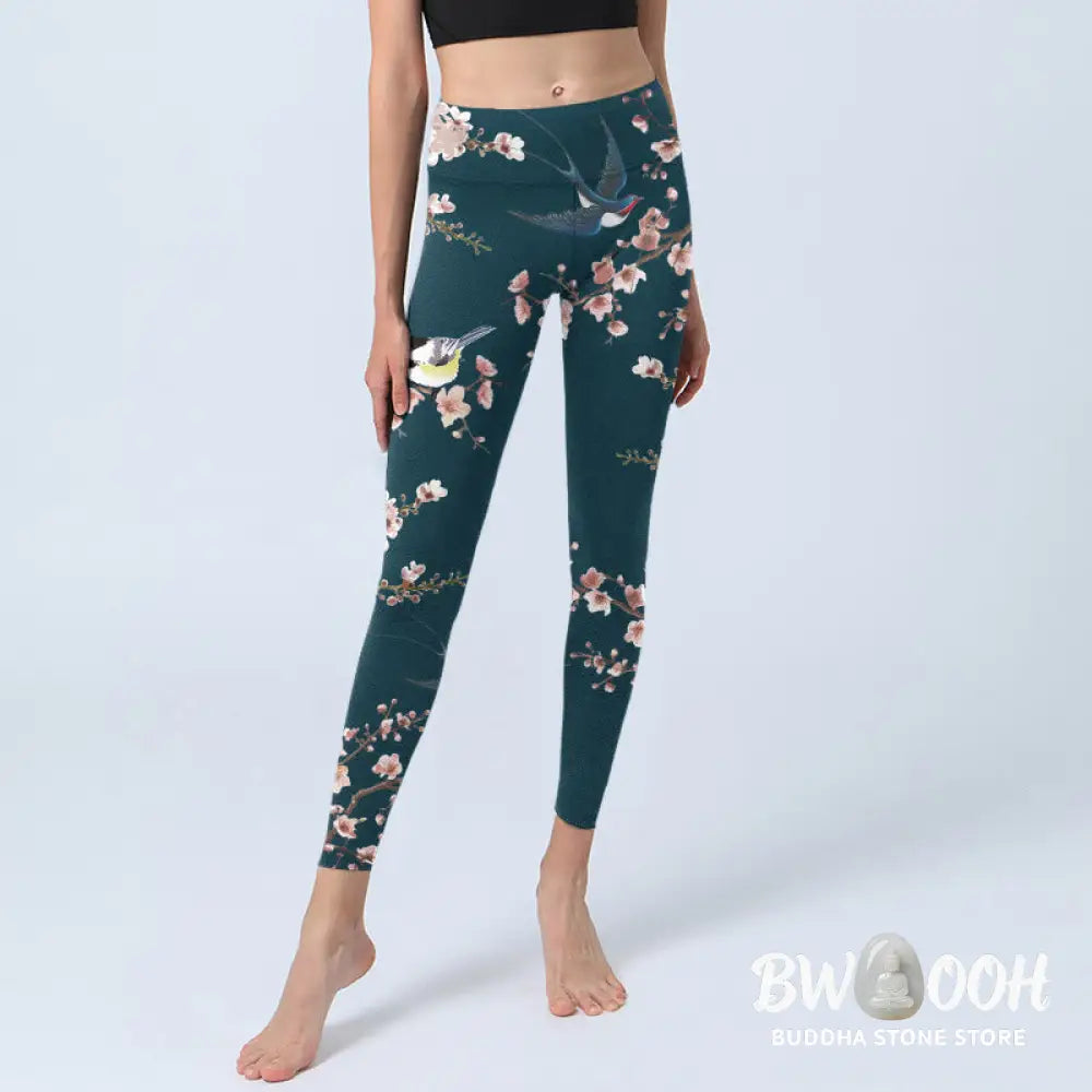 BWOOOH printed yoga leggings - Sparrow Swallow Peach Blossom Pattern Pr