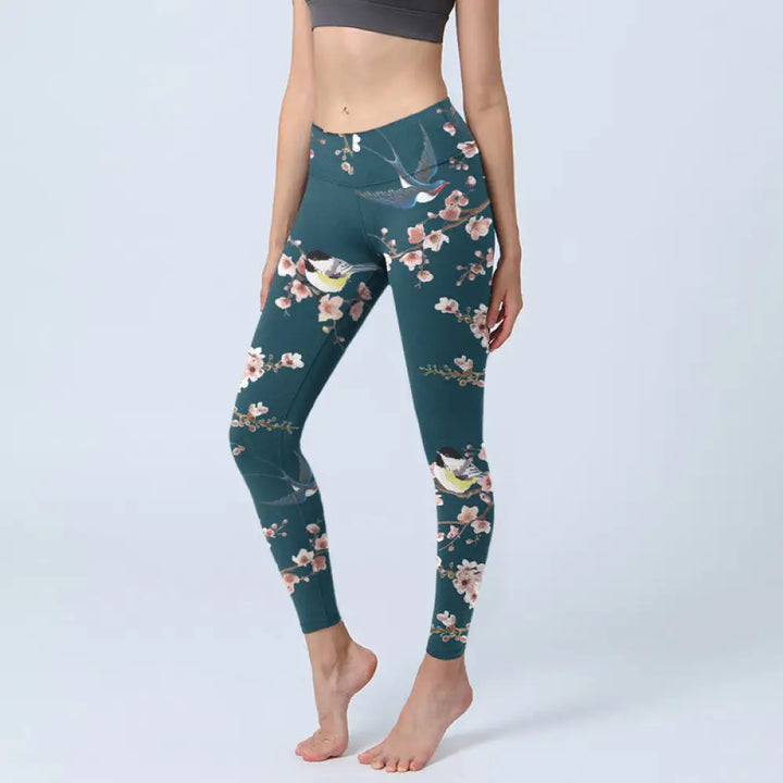 BWOOOH printed yoga leggings - Sparrow Swallow Peach Blossom Pattern Pr