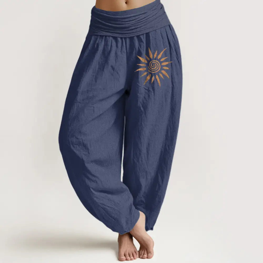 Buddha Stones Spiral Center Sun Pattern Women’s Elastic Waist Harem Pure Cotton Pants - DarkSlateBlue / US2，UK/AU6，EU34