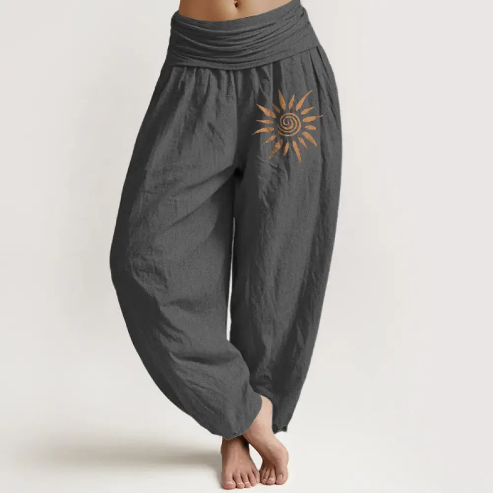 Buddha Stones Spiral Center Sun Pattern Women’s Elastic Waist Harem Pure Cotton Pants - DimGray / US2，UK/AU6，EU34 (XS)