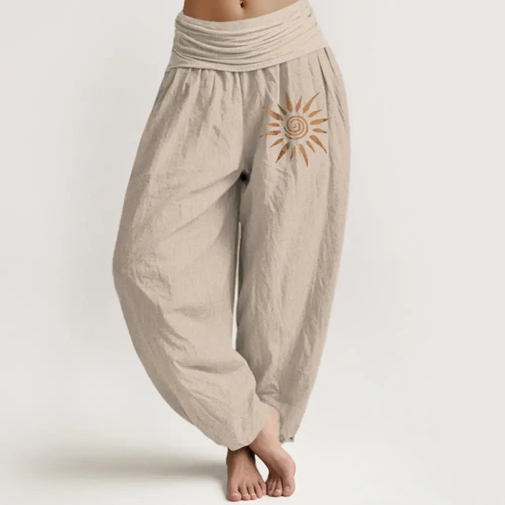 Buddha Stones Spiral Center Sun Pattern Women’s Elastic Waist Harem Pure Cotton Pants - Tan / US2，UK/AU6，EU34 (XS)