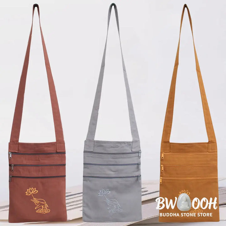 Buddha Stones Spiritual Mind Practice Lotus Embroidered Cotton Shoulder Bag Crossbody Bag - Bag
