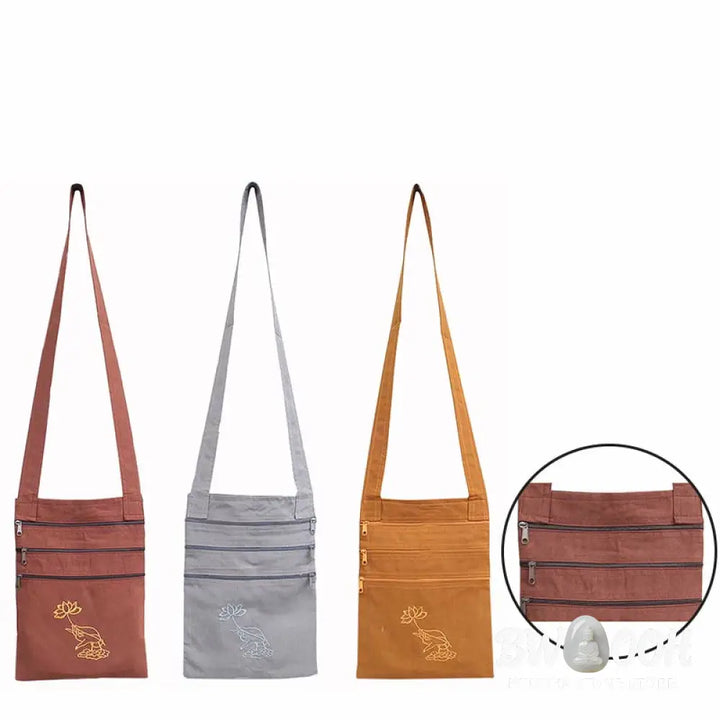 Buddha Stones Spiritual Mind Practice Lotus Embroidered Cotton Shoulder Bag Crossbody Bag - Bag