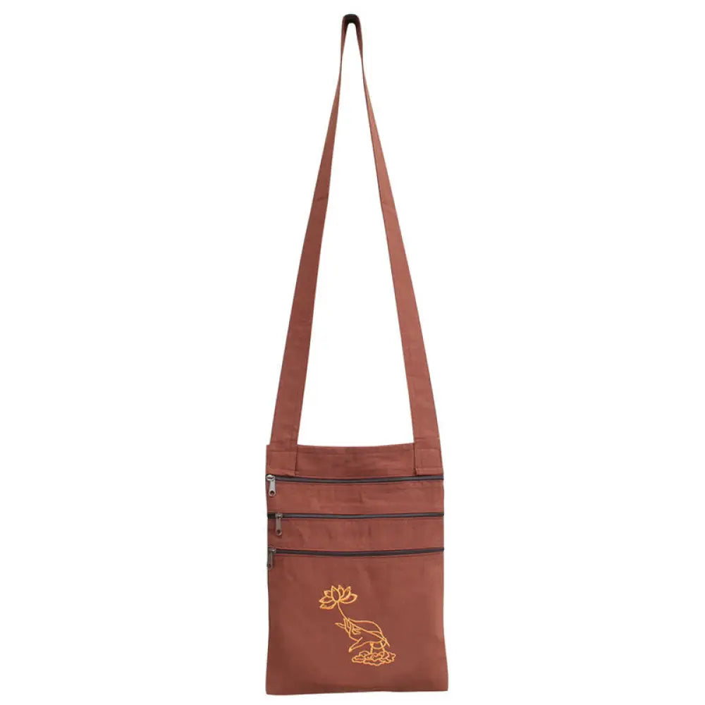 Buddha Stones Spiritual Mind Practice Lotus Embroidered Cotton Shoulder Bag Crossbody Bag - Brown Lotus Flower