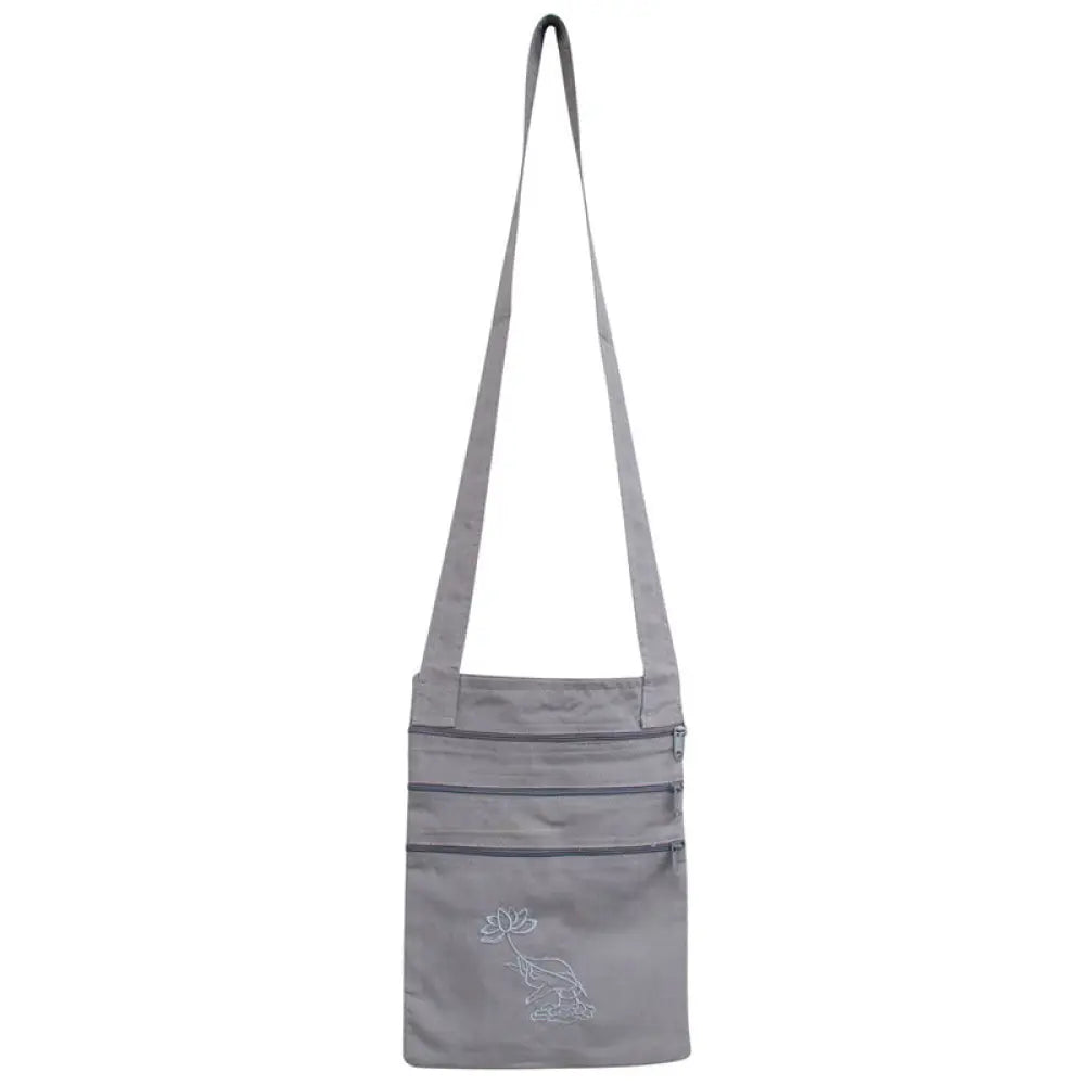 Buddha Stones Spiritual Mind Practice Lotus Embroidered Cotton Shoulder Bag Crossbody Bag - Gray Lotus Flower Spiritual