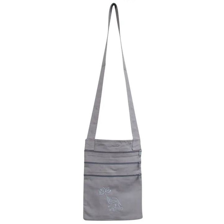 Buddha Stones Spiritual Mind Practice Lotus Embroidered Cotton Shoulder Bag Crossbody Bag - Gray Lotus Flower Spiritual