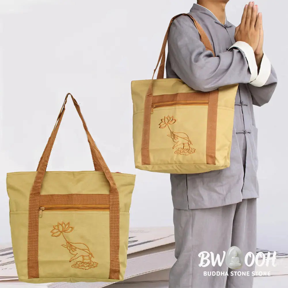 Buddha Stones Spiritual Mind Practice Lotus Embroidery Pattern Canvas Shoulder Bag Tote Bag - Lotus Flower Spiritual