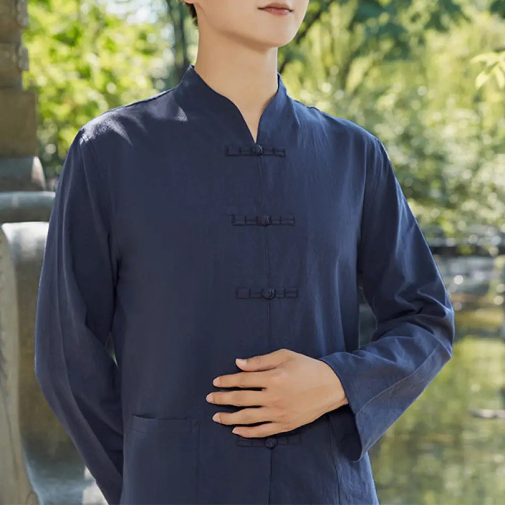 Buddha Stones Spiritual Zen Practice Yoga Meditation Prayer Clothing Cotton Linen Men's Set - Navy Blue
