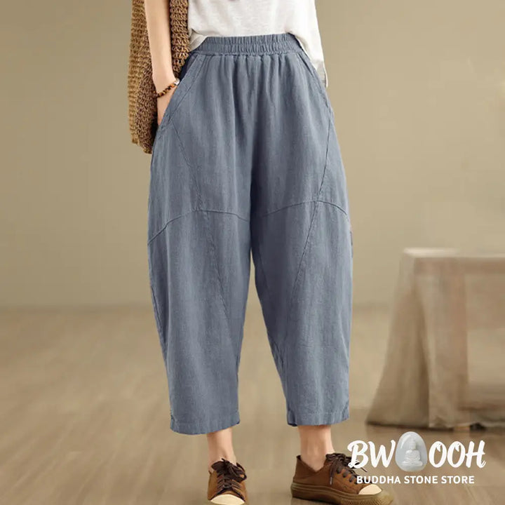Buddha Stones Spring 7-8 Length Solid Color Women’s Cotton Linen Harem Pants With Pockets - Women’s Harem Pants
