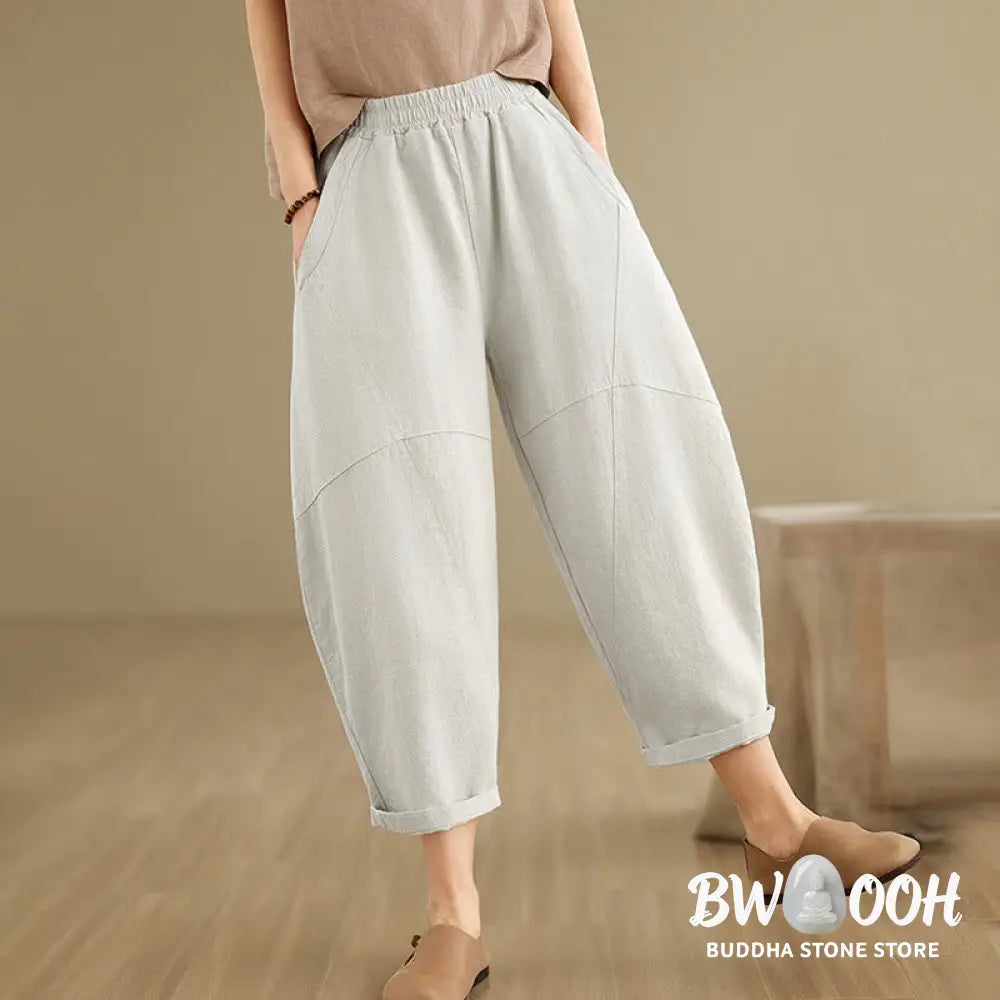 Buddha Stones Spring 7-8 Length Solid Color Women’s Cotton Linen Harem Pants With Pockets - Women’s Harem Pants
