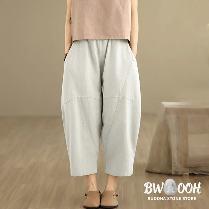 Buddha Stones Spring 7-8 Length Solid Color Women’s Cotton Linen Harem Pants With Pockets - Women’s Harem Pants