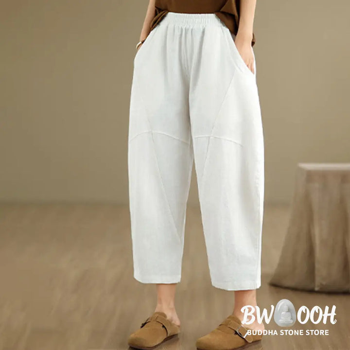 Buddha Stones Spring 7-8 Length Solid Color Women’s Cotton Linen Harem Pants With Pockets - Women’s Harem Pants