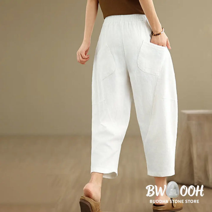 Buddha Stones Spring 7-8 Length Solid Color Women’s Cotton Linen Harem Pants With Pockets - Women’s Harem Pants