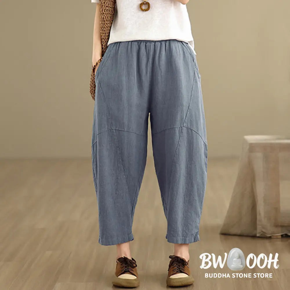 Buddha Stones Spring 7-8 Length Solid Color Women’s Cotton Linen Harem Pants With Pockets - Women’s Harem Pants