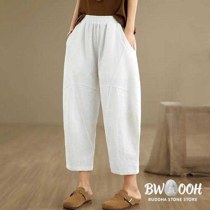 Buddha Stones Spring 7-8 Length Solid Color Women’s Cotton Linen Harem Pants With Pockets - Women’s Harem Pants