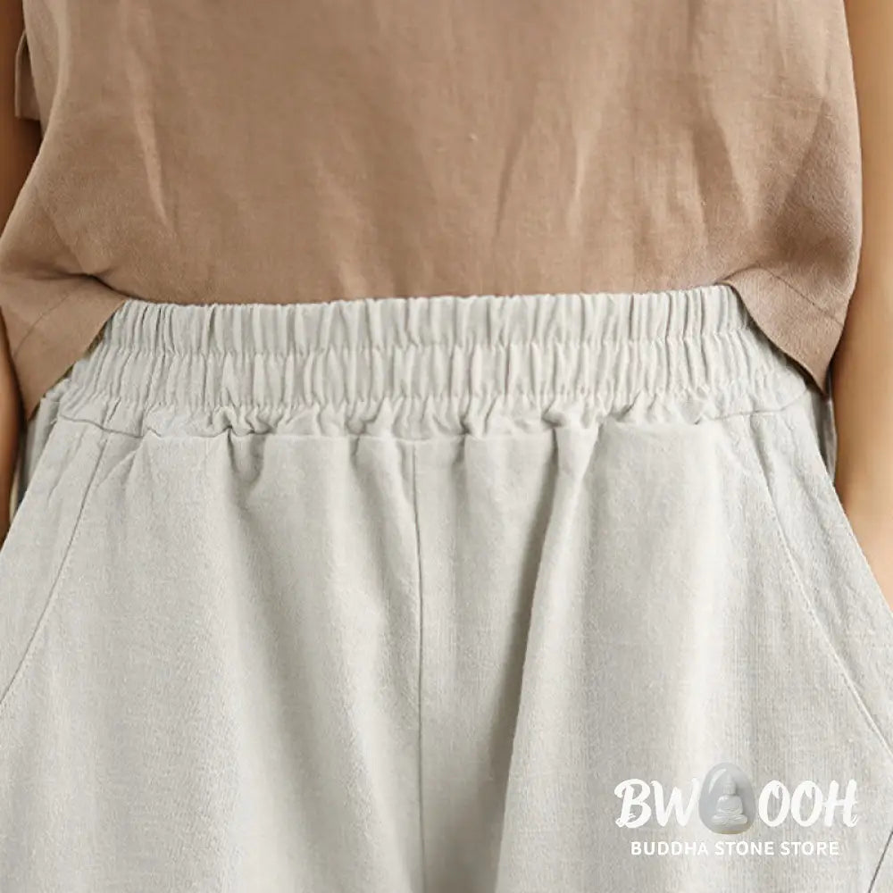 Buddha Stones Spring 7-8 Length Solid Color Women’s Cotton Linen Harem Pants With Pockets - Women’s Harem Pants