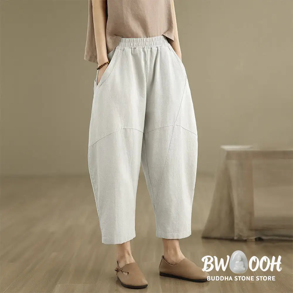 Buddha Stones Spring 7-8 Length Solid Color Women’s Cotton Linen Harem Pants With Pockets - Women’s Harem Pants