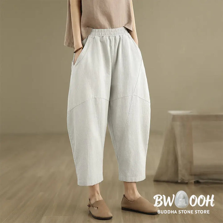 Buddha Stones Spring 7-8 Length Solid Color Women’s Cotton Linen Harem Pants With Pockets - Women’s Harem Pants