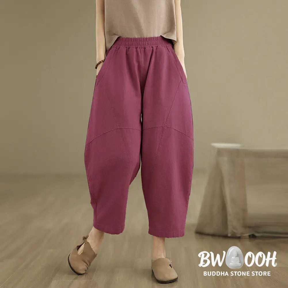 Buddha Stones Spring 7-8 Length Solid Color Women’s Cotton Linen Harem Pants With Pockets - Women’s Harem Pants