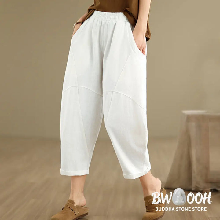 Buddha Stones Spring 7-8 Length Solid Color Women’s Cotton Linen Harem Pants With Pockets - Women’s Harem Pants