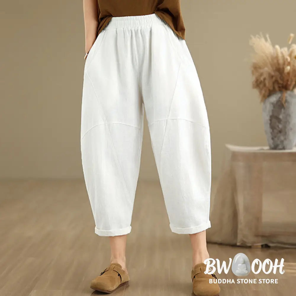 Buddha Stones Spring 7-8 Length Solid Color Women’s Cotton Linen Harem Pants With Pockets - Women’s Harem Pants
