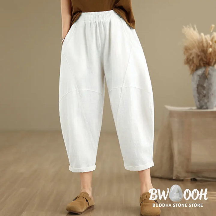 Buddha Stones Spring 7-8 Length Solid Color Women’s Cotton Linen Harem Pants With Pockets - Women’s Harem Pants