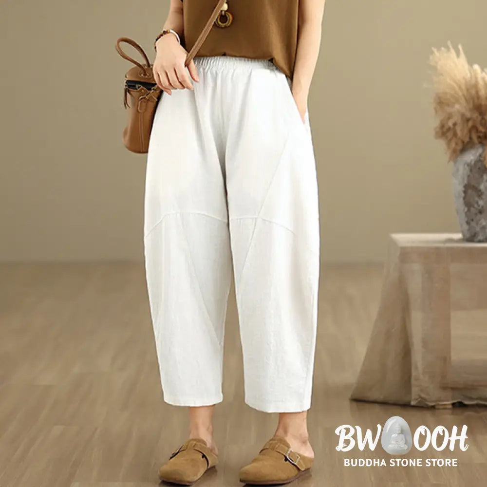 Buddha Stones Spring 7-8 Length Solid Color Women’s Cotton Linen Harem Pants With Pockets - Women’s Harem Pants