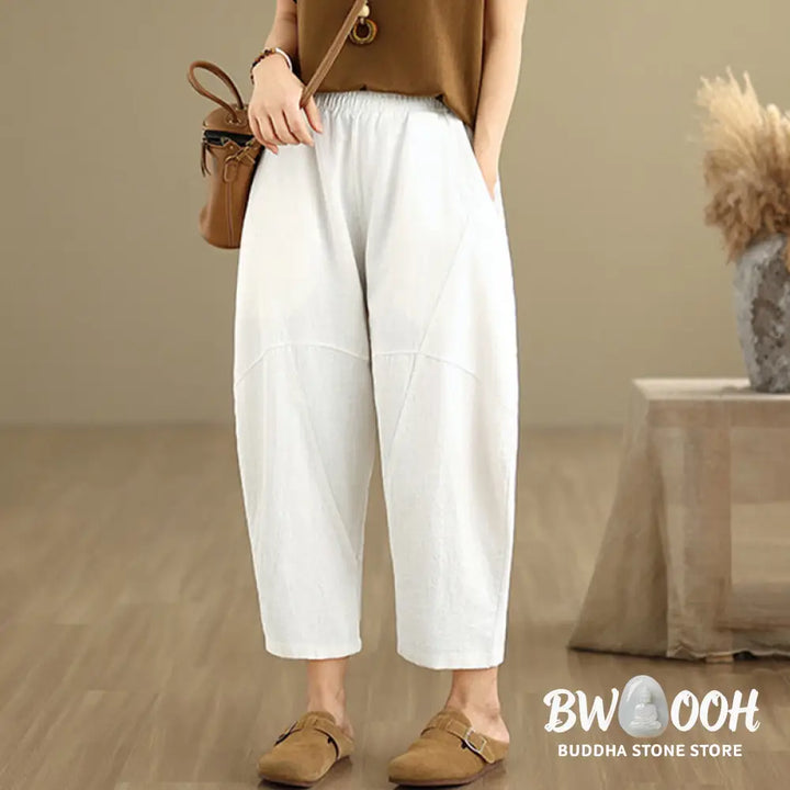 Buddha Stones Spring 7-8 Length Solid Color Women’s Cotton Linen Harem Pants With Pockets - Women’s Harem Pants