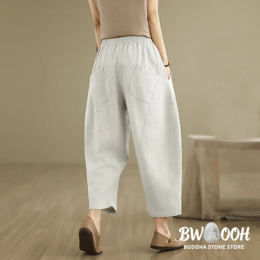Buddha Stones Spring 7-8 Length Solid Color Women’s Cotton Linen Harem Pants With Pockets - Women’s Harem Pants