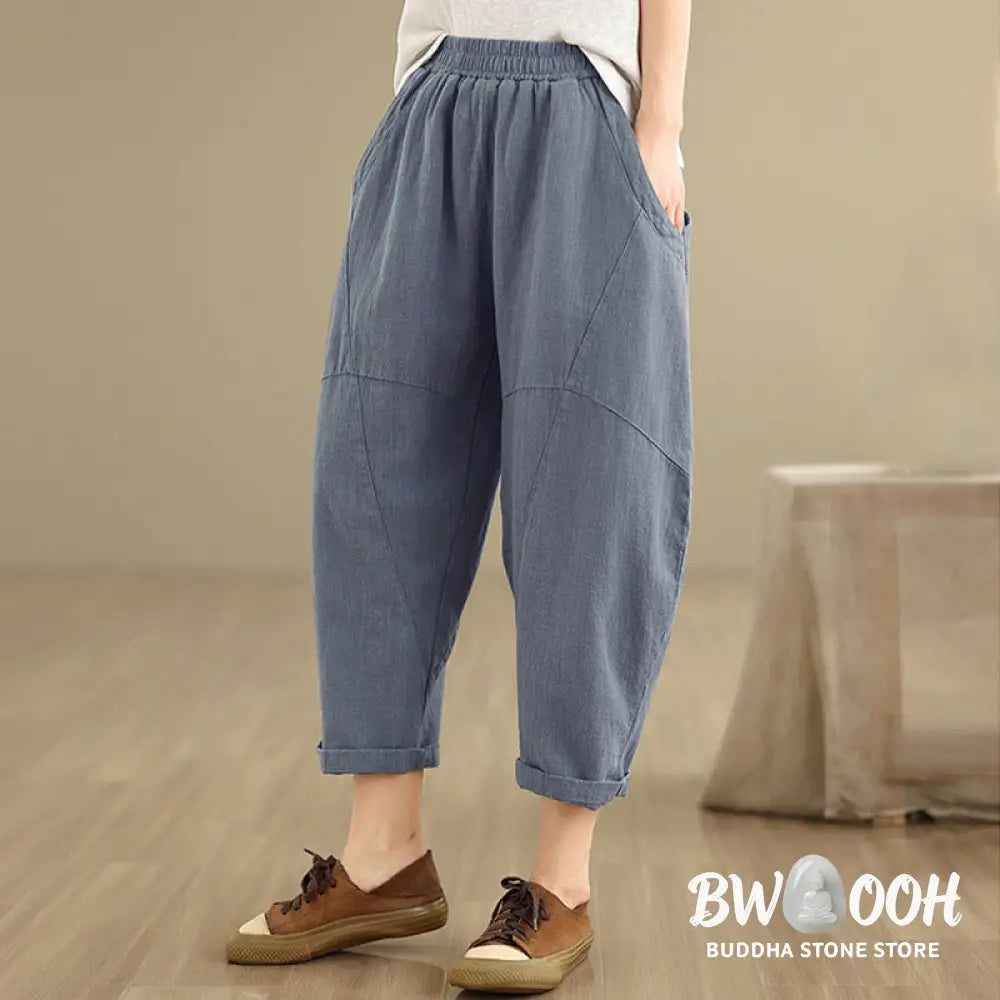 Buddha Stones Spring 7-8 Length Solid Color Women’s Cotton Linen Harem Pants With Pockets - Women’s Harem Pants