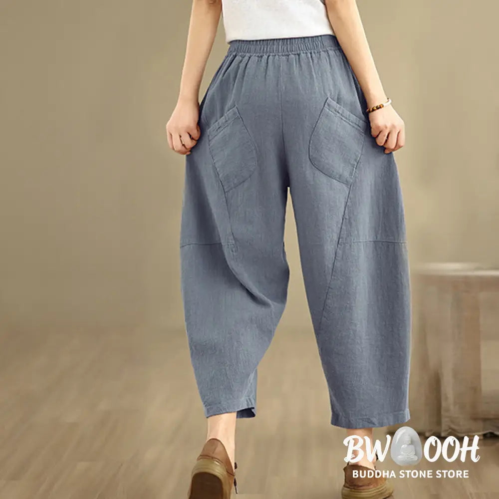 Buddha Stones Spring 7-8 Length Solid Color Women’s Cotton Linen Harem Pants With Pockets - Women’s Harem Pants