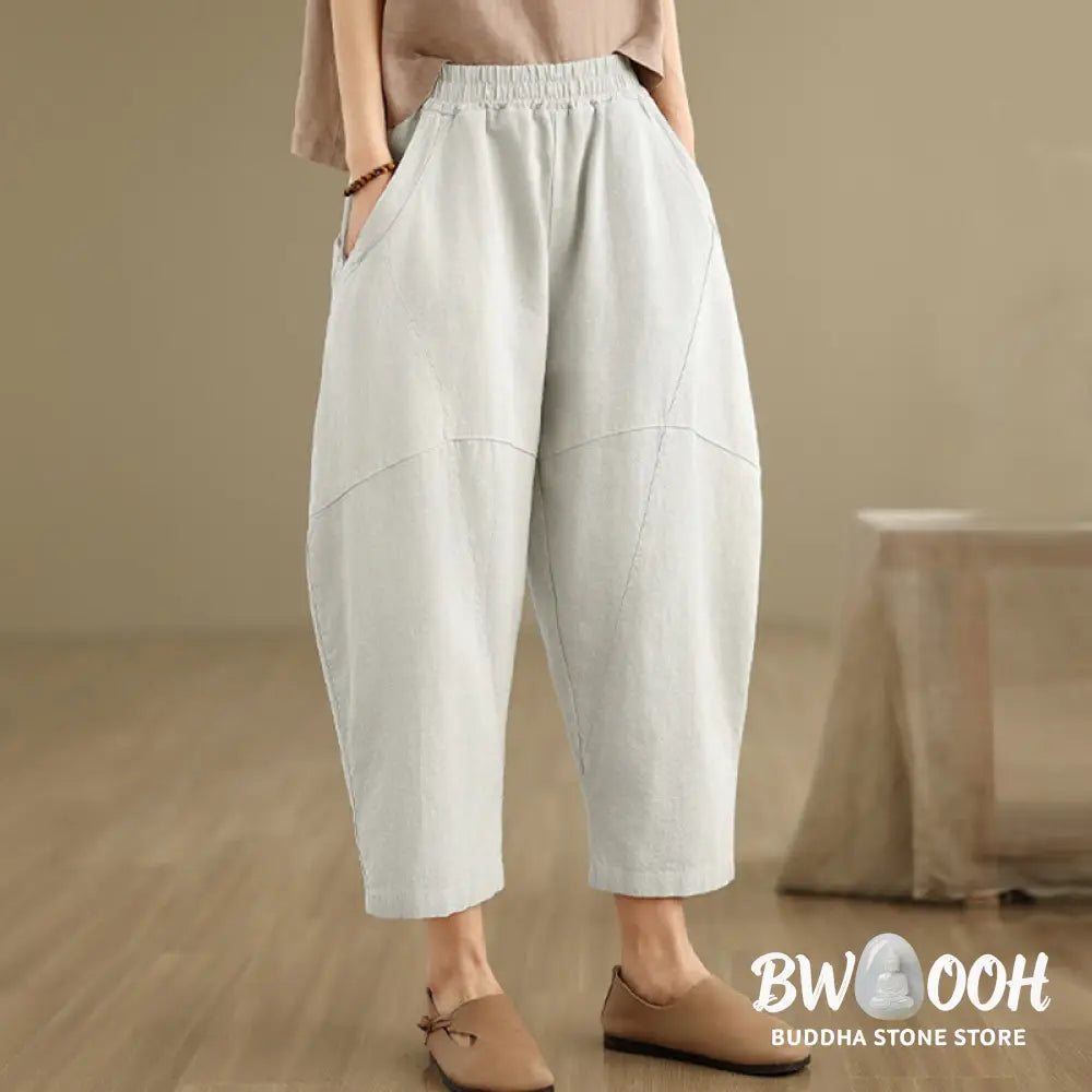 Buddha Stones Spring 7-8 Length Solid Color Women’s Cotton Linen Harem Pants With Pockets - Women’s Harem Pants