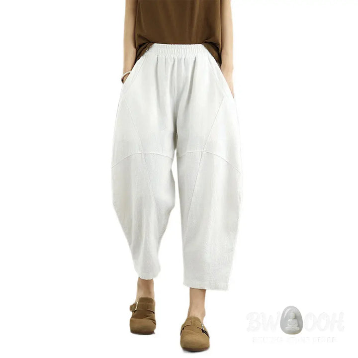 Buddha Stones Spring 7-8 Length Solid Color Women’s Cotton Linen Harem Pants With Pockets - Women’s Harem Pants