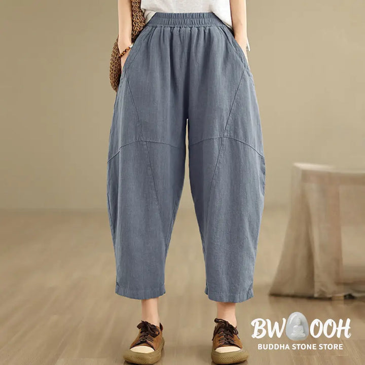 Buddha Stones Spring 7-8 Length Solid Color Women’s Cotton Linen Harem Pants With Pockets - Women’s Harem Pants