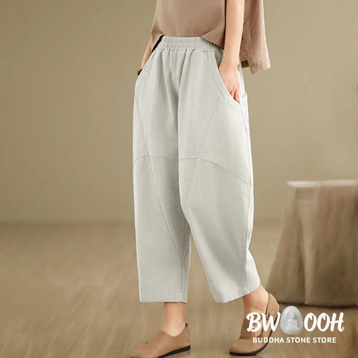 Buddha Stones Spring 7-8 Length Solid Color Women’s Cotton Linen Harem Pants With Pockets - Women’s Harem Pants