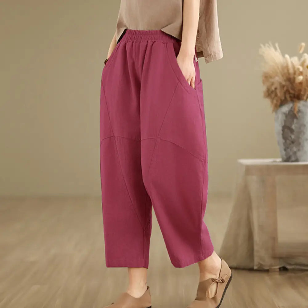 Buddha Stones Spring 7-8 Length Solid Color Women’s Cotton Linen Harem Pants With Pockets - MediumVioletRed