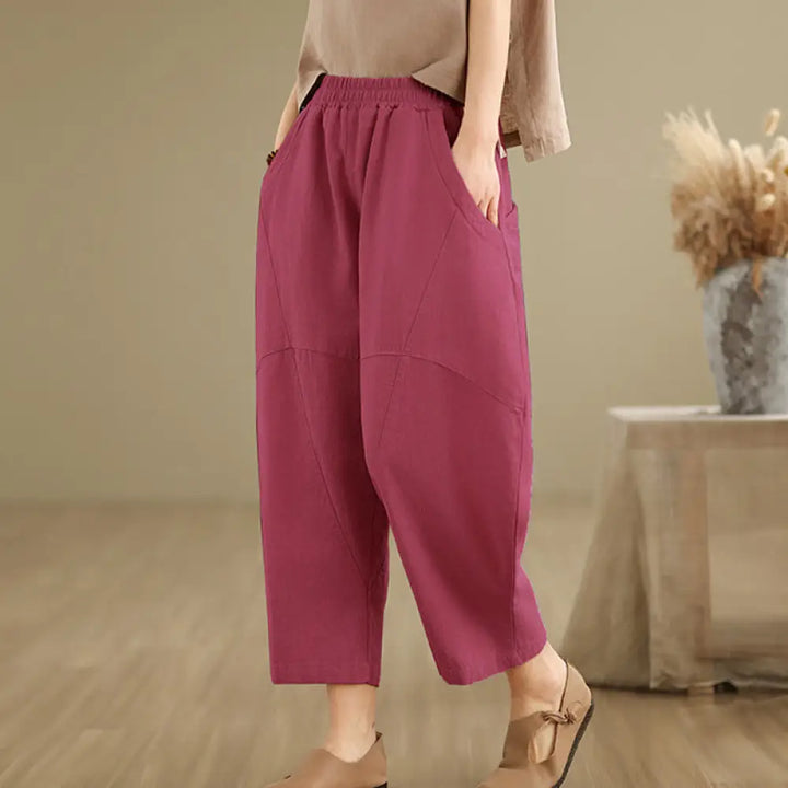 Buddha Stones Spring 7-8 Length Solid Color Women’s Cotton Linen Harem Pants With Pockets - MediumVioletRed