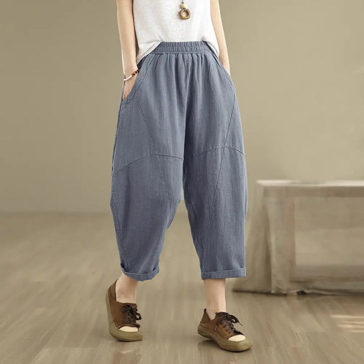 Buddha Stones Spring 7-8 Length Solid Color Women’s Cotton Linen Harem Pants With Pockets - SteelBlue / US4，UK/AU8，EU36