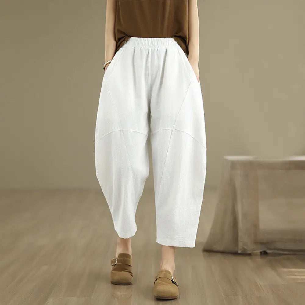Buddha Stones Spring 7-8 Length Solid Color Women’s Cotton Linen Harem Pants With Pockets - White / US4，UK/AU8，EU36 (L)