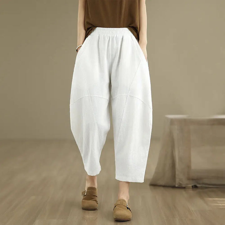 Buddha Stones Spring 7-8 Length Solid Color Women’s Cotton Linen Harem Pants With Pockets - White / US4，UK/AU8，EU36 (L)
