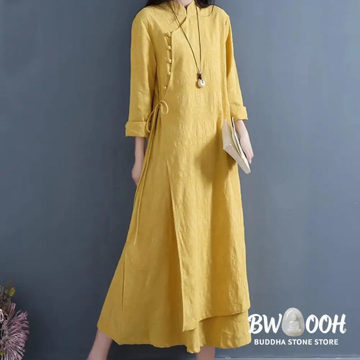 Buddha Stones Spring Casual Plain Frog-Button Design Side Lace-Up Cotton Linen Midi Dress - Midi Dress