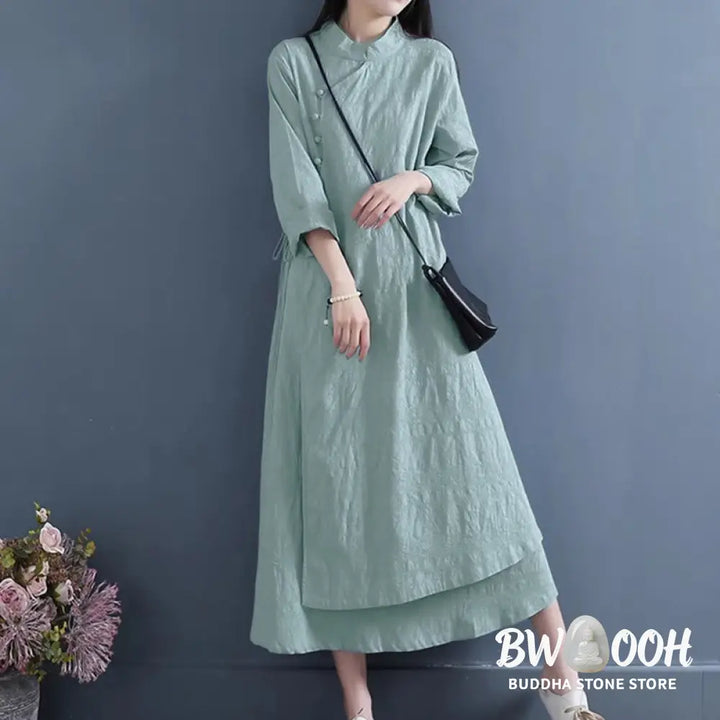 Buddha Stones Spring Casual Plain Frog-Button Design Side Lace-Up Cotton Linen Midi Dress - Midi Dress